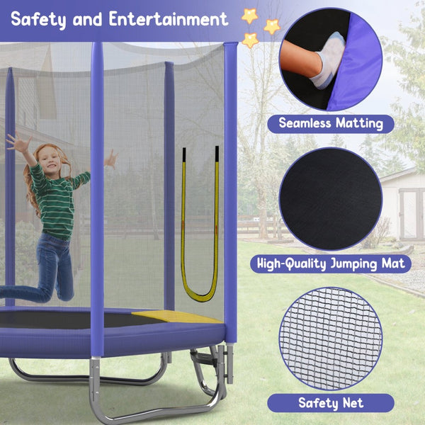 English Elm 7ft Hexagonal Kids Outdoor Trampoline with Enclosure Net Slide and Ladder Purple N739P272805A