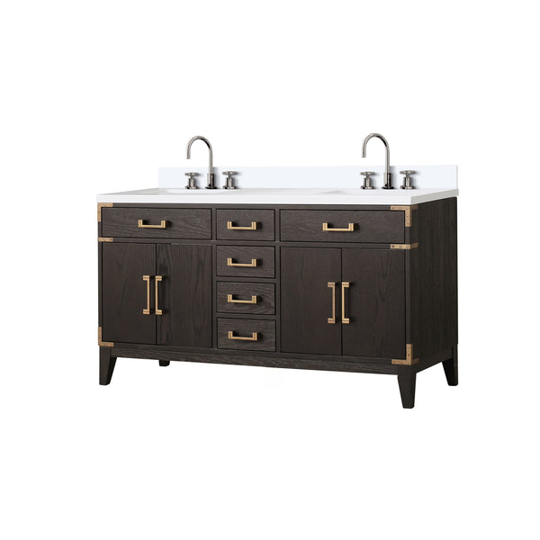 English Elm Brown Oak Double Bath Vanity With White Quartz Top, Chrome Faucet, Ample Storage & Soft-Close Hardware B2731P259850
