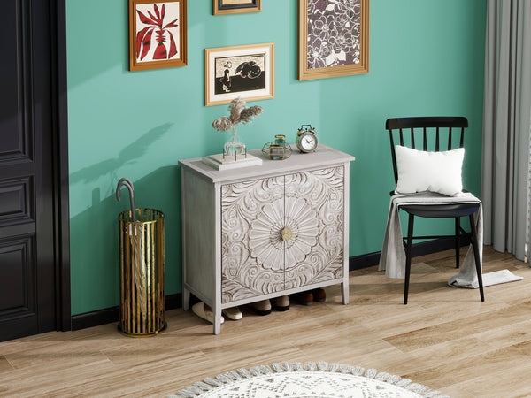 English Elm 2 Door Cabinet with Gold Pattern Handles, Anti-Dump Safety, Non-Slip Feet, Stylish Bedroom Accent (36.23x17.92x10.44) W688P143784