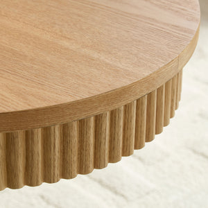 English Elm Modern Oval Handcraft Drum Coffee Table 21.65x21.65x17.72in MDF Pedestal Elegant Living Room Centerpiece Natural W2582S00166