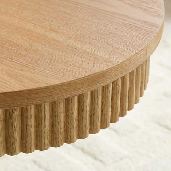 English Elm Modern Oval Handcraft Drum Coffee Table 21.65x21.65x17.72in MDF Pedestal Elegant Living Room Centerpiece Natural W2582S00166