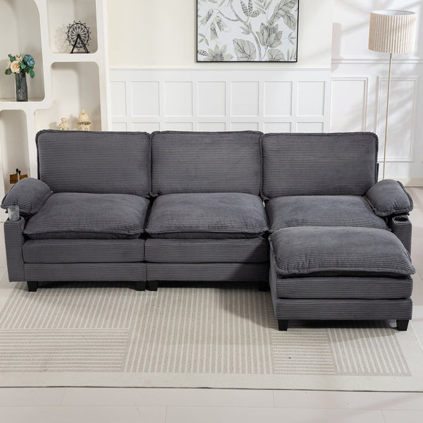 English Elm 113" Modern 3+1 L-Shaped Corduroy Sofa with Double-Layer Cushions, Cup Holders & Storage Bags DARK GREY W2715S00004