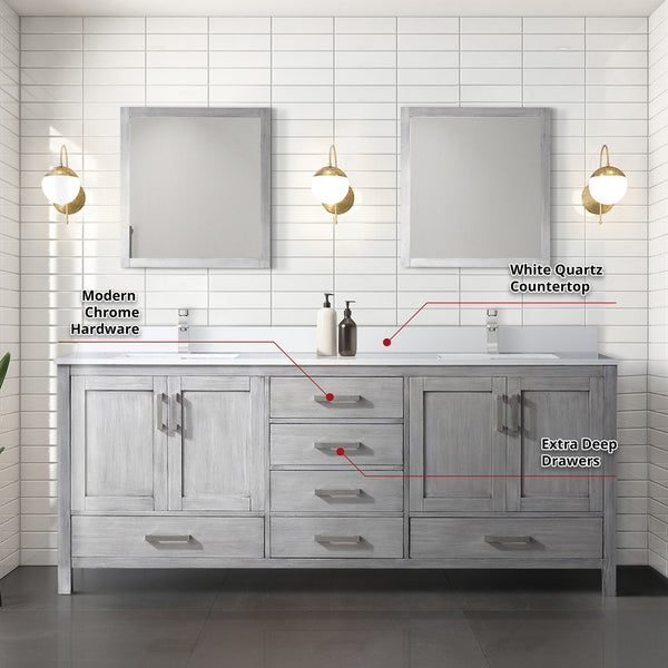 English Elm Distressed Grey Double Bath Vanity 80" W x 22" D with White Quartz Top, Chrome Faucet & 30" Mirrors, Durable B2731S01059