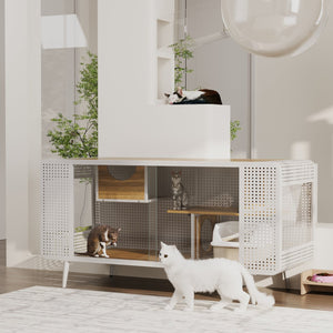 English Elm 55.12 Spacious Cat House with Tempered Glass, Fir Wood & Iron Frame, Modern White for Living Areas W757P173275