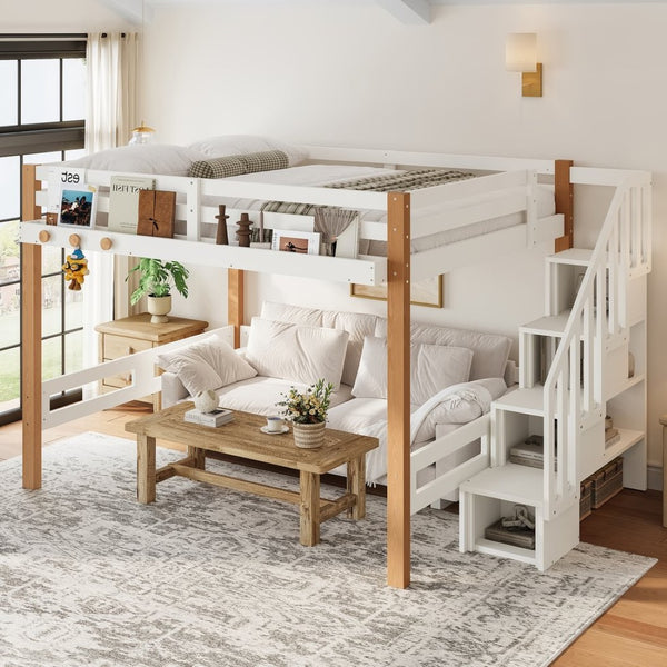English Elm Twin Pine Wood Loft Bed with Built-in Shelving and Hook for Kids Bedroom W5305S00011