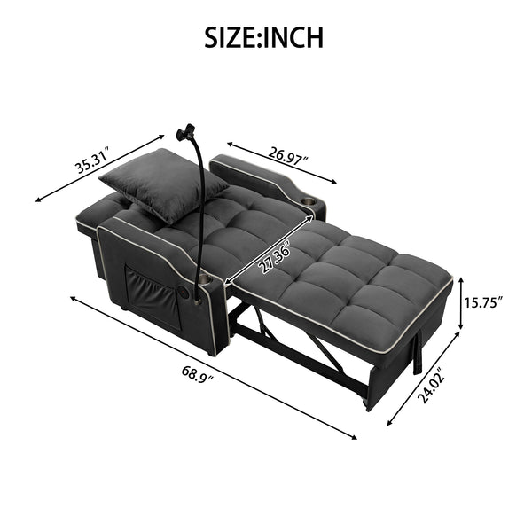 English Elm Convertible Single Chair Bed with Foldable Computer Desk, USB Charging, 3-in-1 Recliner to Bed Comfort Black W2941P325521