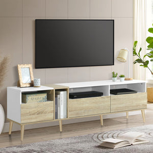 English Elm Modern TV Stand with 3 Drawers & 4 Open Shelves, 80" Media Console White+Wood, Cable Management, P2 Board N710P234108K