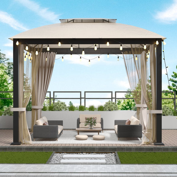 English Elm 10X10FT Softtop Metal Gazebo with Vented Double Roof, Mosquito Netting & Waterproof UV Curtains, Sturdy Galvanized Frame W2259S00051