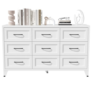 English Elm 9 Drawer Steel Dresser Low Profile White Powder Coated Frame Quiet Glide Bedroom Storage T2398P465982