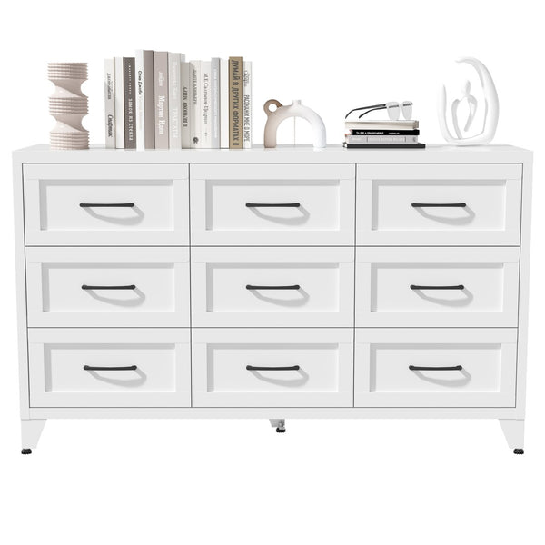English Elm 9 Drawer Steel Dresser Low Profile White Powder Coated Frame Quiet Glide Bedroom Storage T2398P465982