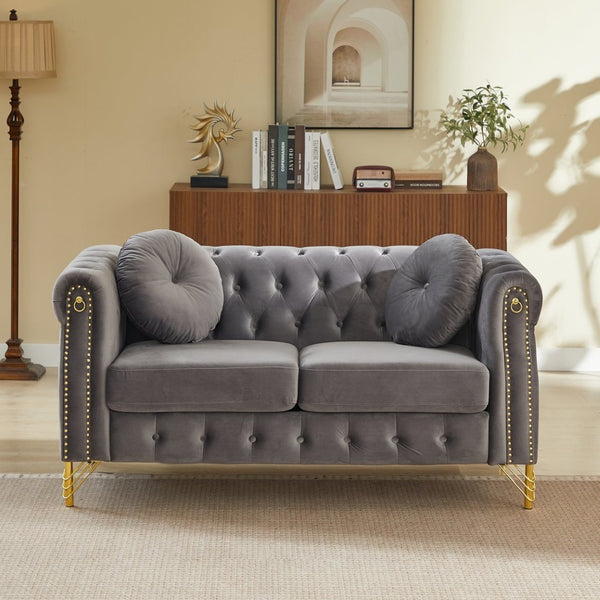 English Elm 60.5-inch Crushed Velvet Chesterfield Sofa Tufted Button Design with Copper Stud Trim Grey W834S00621