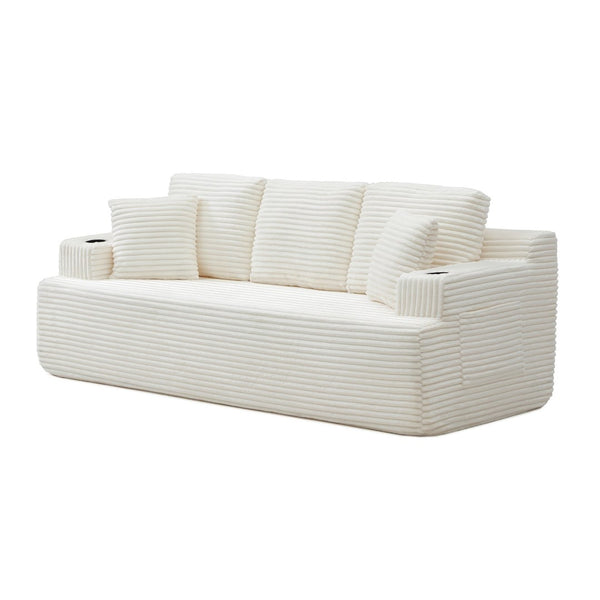 English Elm Boneless Floor Sofa Corduroy Upholstered 5 Seat Low Profile with Cup Holders for Living Room Beige W1117S00437