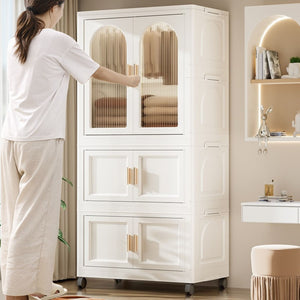 English Elm 25.59" Folding Wardrobe Cabinet on Wheels with Magnetic Door and Hanging Rod Storage W2873P207533
