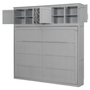 English Elm Queen Murphy Wall Bed with Storage Cabinets and Wine Rack for Small Space Living Gray LP000879AAE-1