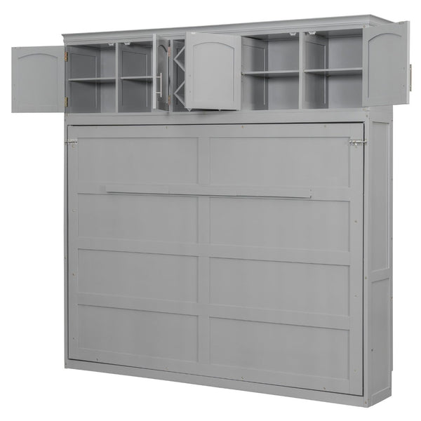English Elm Queen Murphy Wall Bed with Storage Cabinets and Wine Rack for Small Space Living Gray LP000879AAE-1