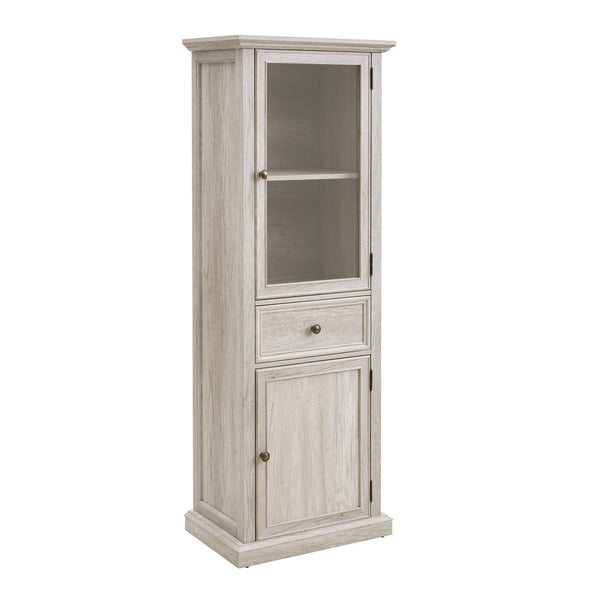 English Elm Modern Glass Storage Cabinet with Drawer & Shelves — Tall Curio Sideboard for Living, Dining, Office Elegance White W1758P294625