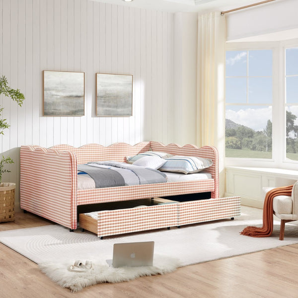 English Elm Full Size Gingham Linen Daybed with Wave Backrest Trundle and Usb Charging Port Pink W1413S00146