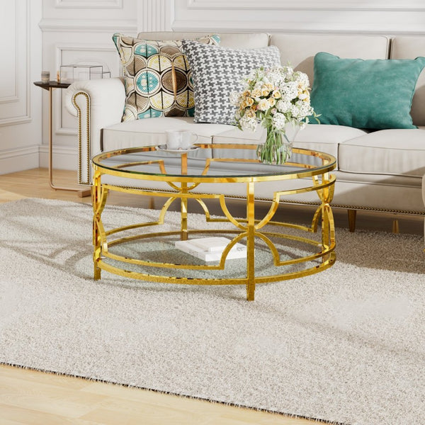 English Elm Round Tempered Glass Coffee Table with Gold Geometric Metal Base and Open Storage Shelf Transparent N735P396530K