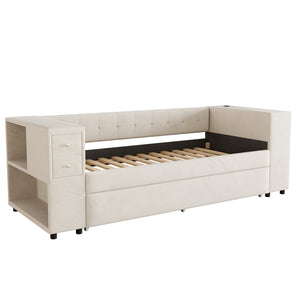 English Elm Twin Upholstered Bed with Trundle and Storage Drawers, USB Ports, French Velvet Luxurious Feel Beige SF000184AAA