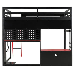 English Elm Full Size Gaming Loft Bed with Built-in Desk Led Lighting Usb Ports and Pegboard Black+Red LT000270AAR