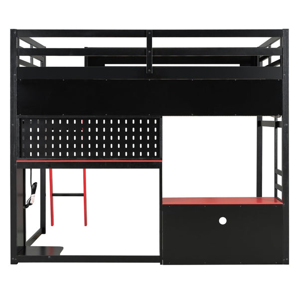 English Elm Full Size Gaming Loft Bed with Built-in Desk Led Lighting Usb Ports and Pegboard Black+Red LT000270AAR