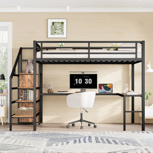 English Elm Queen Size Loft Bed With L-Shaped Desk, Usb Ports & Led Light - Modern Metal Frame For Stylish Spaces W1580S00180-GIGA