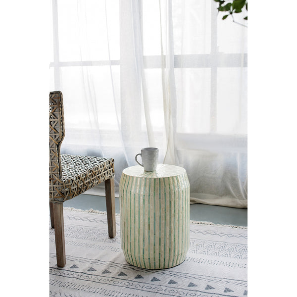 English Elm 14x14x18" Capiz Stool with Ogee Pattern and Brass Base — Modern Geometric Accent Seat for Living Spaces Cream,Green W2078P326519