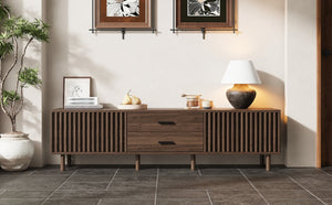 English Elm 70inch Rattan Door Media Console with Iron Legs Natural Wood Finish Living Room N710P429516Q