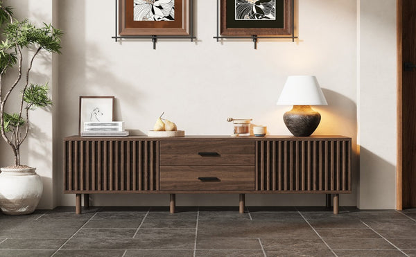 English Elm 70inch Rattan Door Media Console with Iron Legs Natural Wood Finish Living Room N710P429516Q