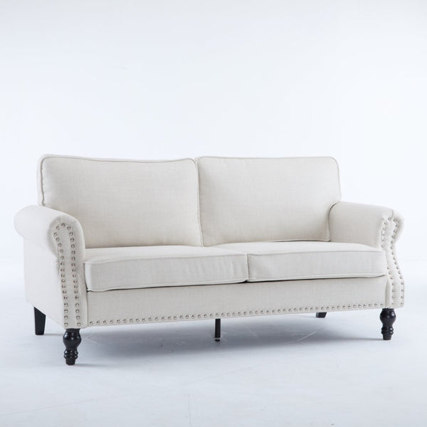 English Elm 68 Inch Faux Leather Two Seat Sofa with Brass Nailhead Trim and Rolled Arms W2911S00013