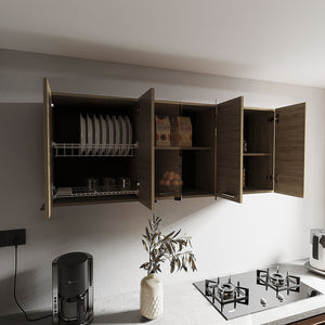 English Elm Superior Modern 150 Wall Cabinet Oak with Glass Doors, 4 Shelves, Dish Rack, Metal Handles, Locking Pin B200P286978