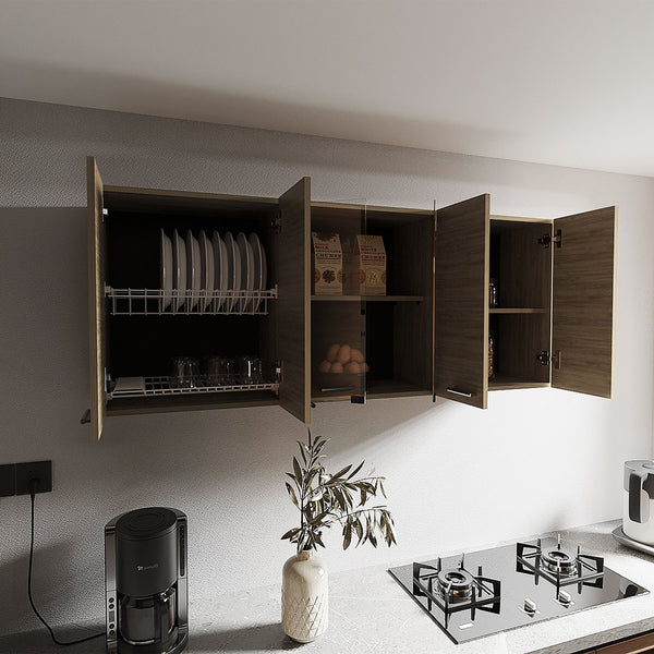 English Elm Superior Modern 150 Wall Cabinet Oak with Glass Doors, 4 Shelves, Dish Rack, Metal Handles, Locking Pin B200P286978
