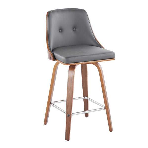 English Elm Gianna Mid-Century Counter Stool Set of 2 — Walnut Wood Contoured Back, Swivel, Tufted Faux Leather, Chrome Footrest Grey B202S00306