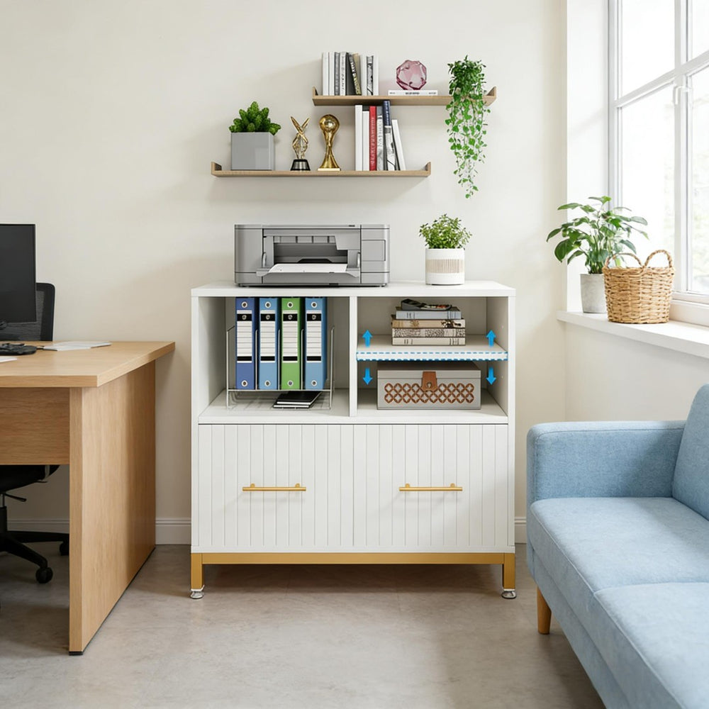English Elm Practical Gold Frame File Cabinet with Open Shelving and Wood Tone Mdf Panels T3971P449088