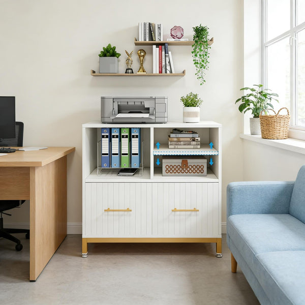 English Elm Practical Gold Frame File Cabinet with Open Shelving and Wood Tone Mdf Panels T3971P449088