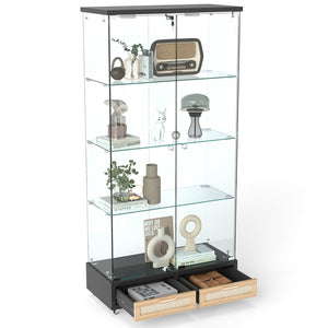 English Elm Modern Glass Display Cabinet With Led Lights, 4 Shelves & Drawers - Stylish Furniture For Collectors W241S00057