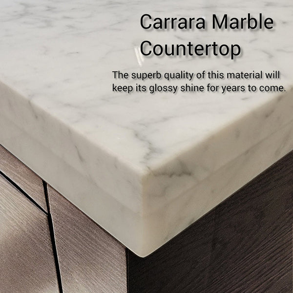 English Elm Grey Oak Double Bath Vanity With Carrara Marble Top & Chrome Faucet Set - 72" W, Stylish Storage Solutions B2731P257786