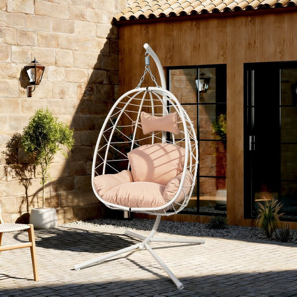 English Elm Hanging Egg Chair Woven Pe Wicker Swing with Stand Washable Cushion Patio Bedroom T5880P497559