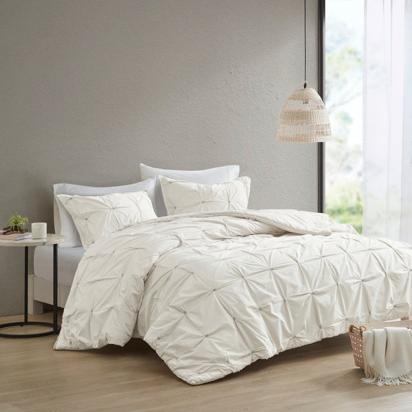 English Elm King/Cal King Masie 3-Piece Elastic Embroidered Cotton Duvet Cover Set — Antimicrobial, Tufted-Inspired Design B03596516