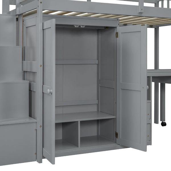 English Elm Queen Murphy Bed with Integrated Desk Cabinet Shelves Space Saving Studio Solution Gray N708S00013E