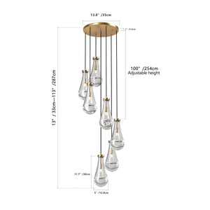 English Elm 7 Modern 7-Light Raindrop Chandelier with Adjustable Hanging Rope, Brushed Glass Shades for Dining Gold W1340P316387