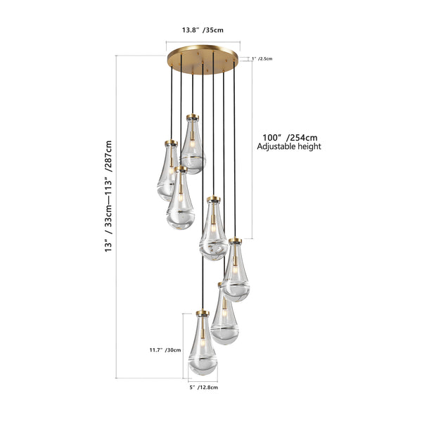 English Elm 7 Modern 7-Light Raindrop Chandelier with Adjustable Hanging Rope, Brushed Glass Shades for Dining Gold W1340P316387