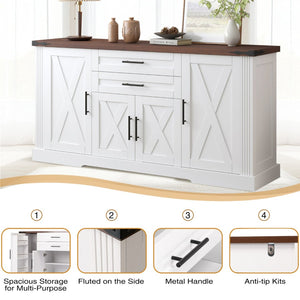 English Elm 63" Fluted Mdf Sideboard with Wood Tone Top Four Doors Three Drawers Dining Storage White W2917S00013