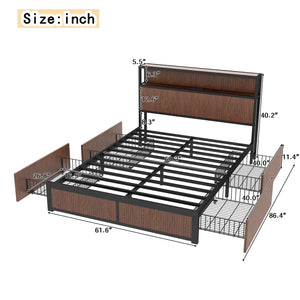 English Elm Large Walnut French Bed Frame with 8 Extra-Large Drawers, Reinforced Iron Support, USB Socket W1858P336607