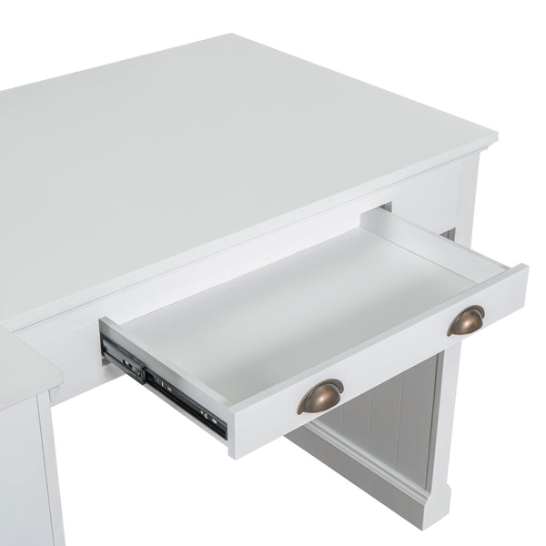 English Elm 83.4"Tall Bookshelf with Writing Desk White – Modern Solid Wood Workstation with LED, Drawer & Adjustable Shelf N751S280597K