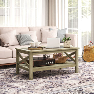 English Elm HOMCOM Modern Farmhouse Glass Coffee Table with Tempered Top, Lower Storage Shelf & X-Frame Design Gray W2225P229135
