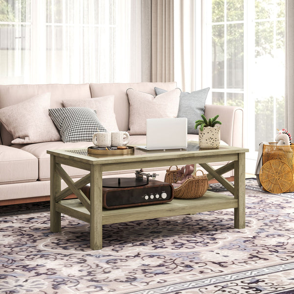 English Elm HOMCOM Modern Farmhouse Glass Coffee Table with Tempered Top, Lower Storage Shelf & X-Frame Design Gray W2225P229135