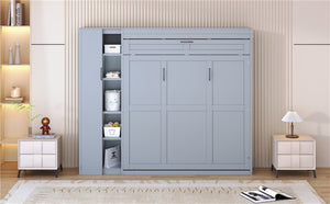 English Elm Queen Murphy Wall Bed with Led Lighting Open Shelves and Wardrobe Cabinet Storage LP000899AAE