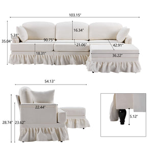 English Elm 103.15'' Chenille L-shaped Sectional Sofa with Detachable Pleated Skirt and Ottoman White W3612S00044