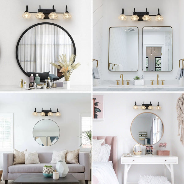 English Elm 23" Retro 4-Light Vanity Light Fixture Black Iron with Crystal Glass Shades Wall-Mount Hardwired Elegant Illumination for Bathroom Dressing Room W2312P374818